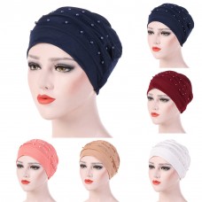 Mujer&apos;s Solid Color Beads Decor  Muslim Hijab Turban Head Wrap Hat Cap Striking  eb-57822959